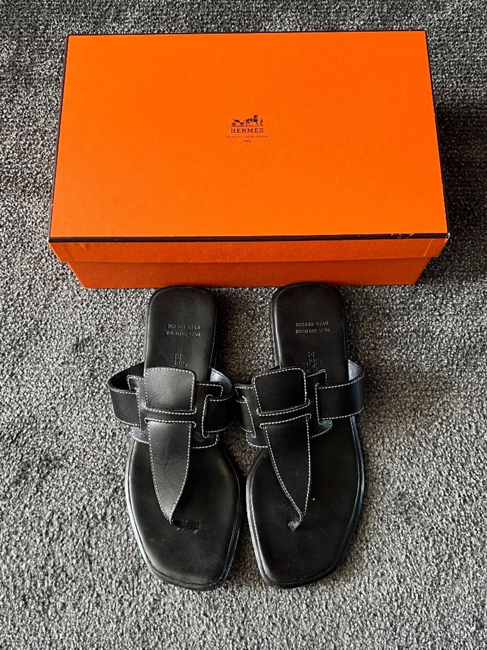 Vintage Hermes Women Black Leather Slide Sandals Leather H Design Size 36.5